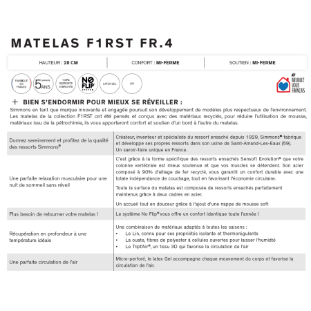 Matelas Simmons First FR.4 - 713 ressorts ensachés SenSoft Evolution